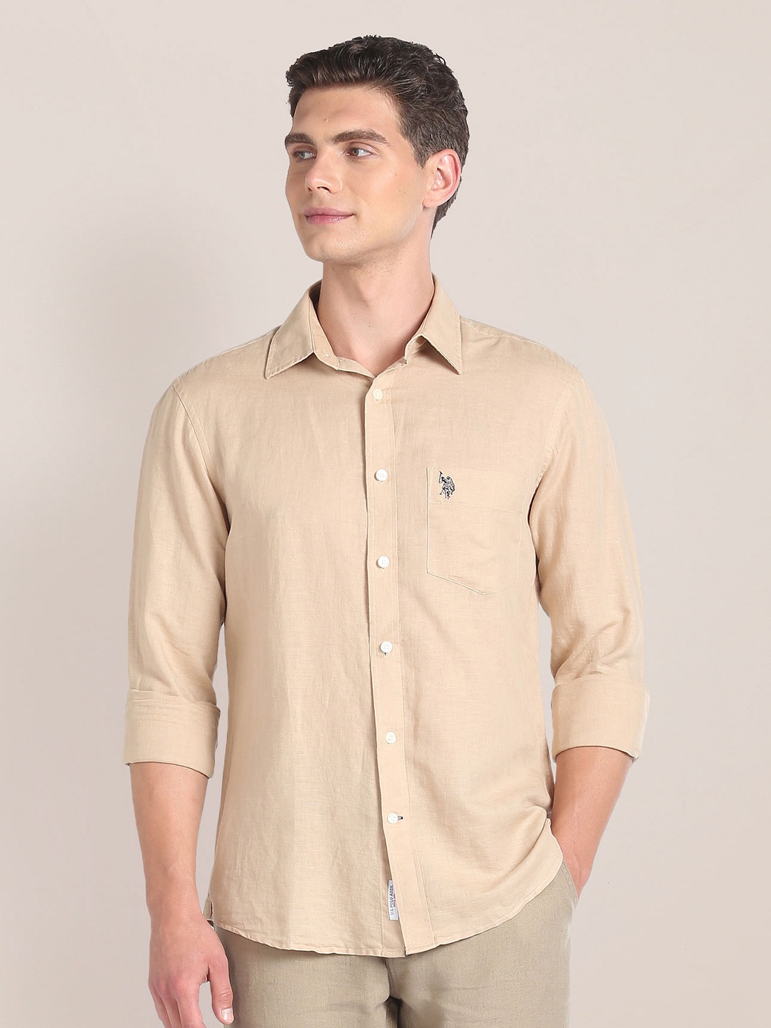 

U.S. Polo Assn. Spread Collar Linen Blend Casual Shirt, Beige