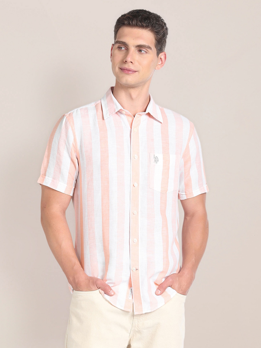 

U.S. Polo Assn. Striped Spread Collar Short Sleeves Cotton Linen Casual Shirt, Orange