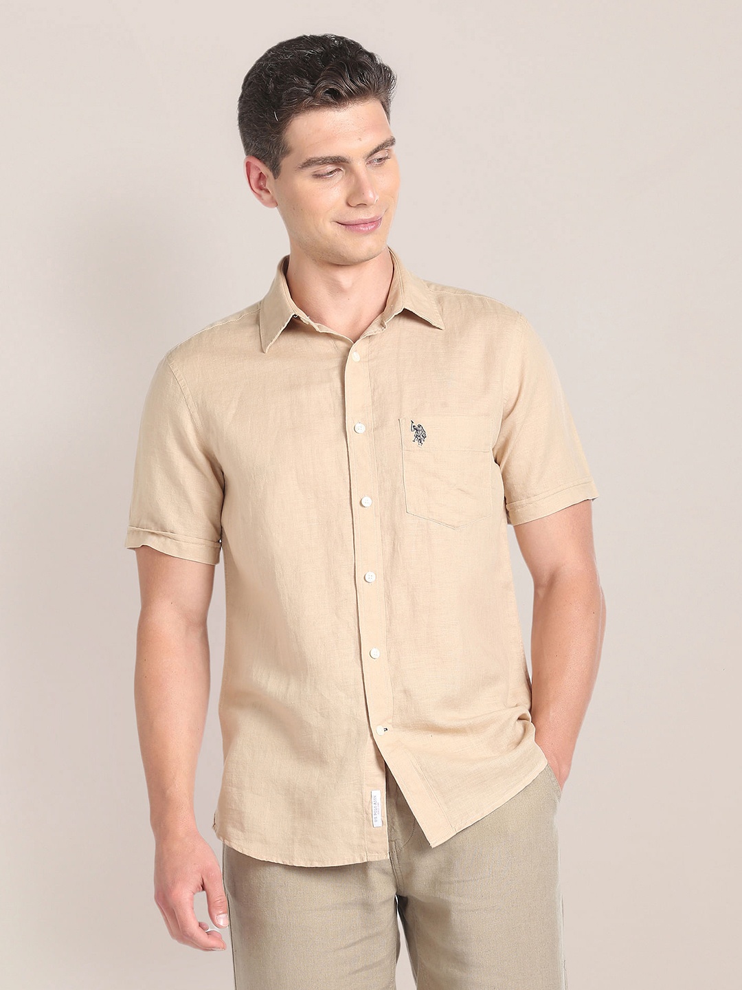 

U.S. Polo Assn. Spread Collar Short Sleeves Cotton Linen Casual Shirt, Beige