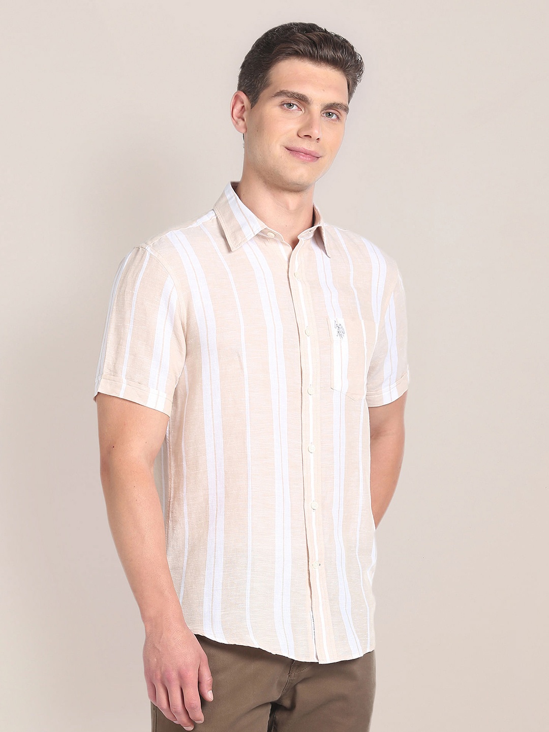 

U.S. Polo Assn. Striped Spread Collar Short Sleeves Cotton Linen Casual Shirt, Brown