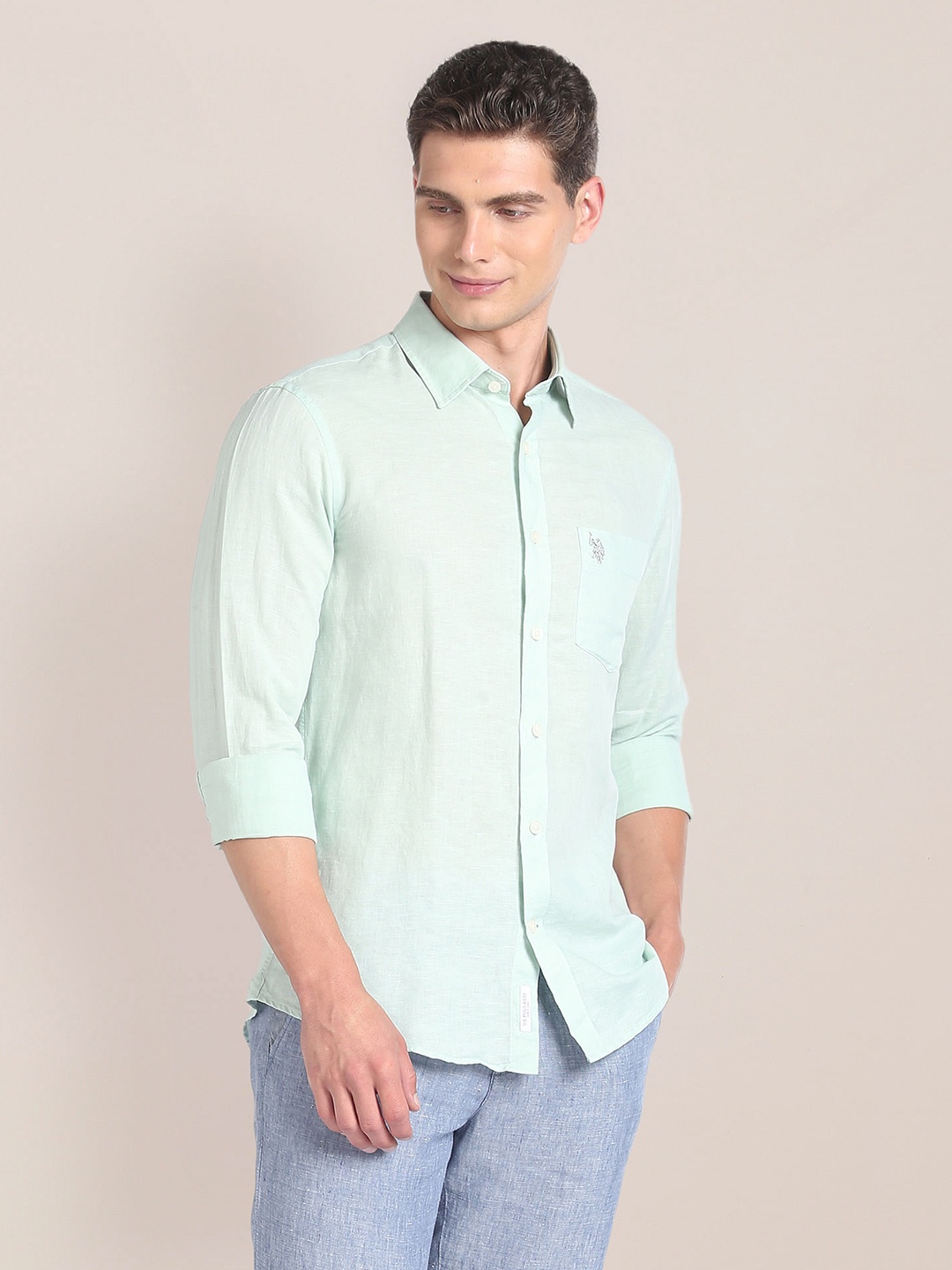 

U.S. Polo Assn. Spread Collar Spread Collar Cotton Linen Casual Shirt, Green