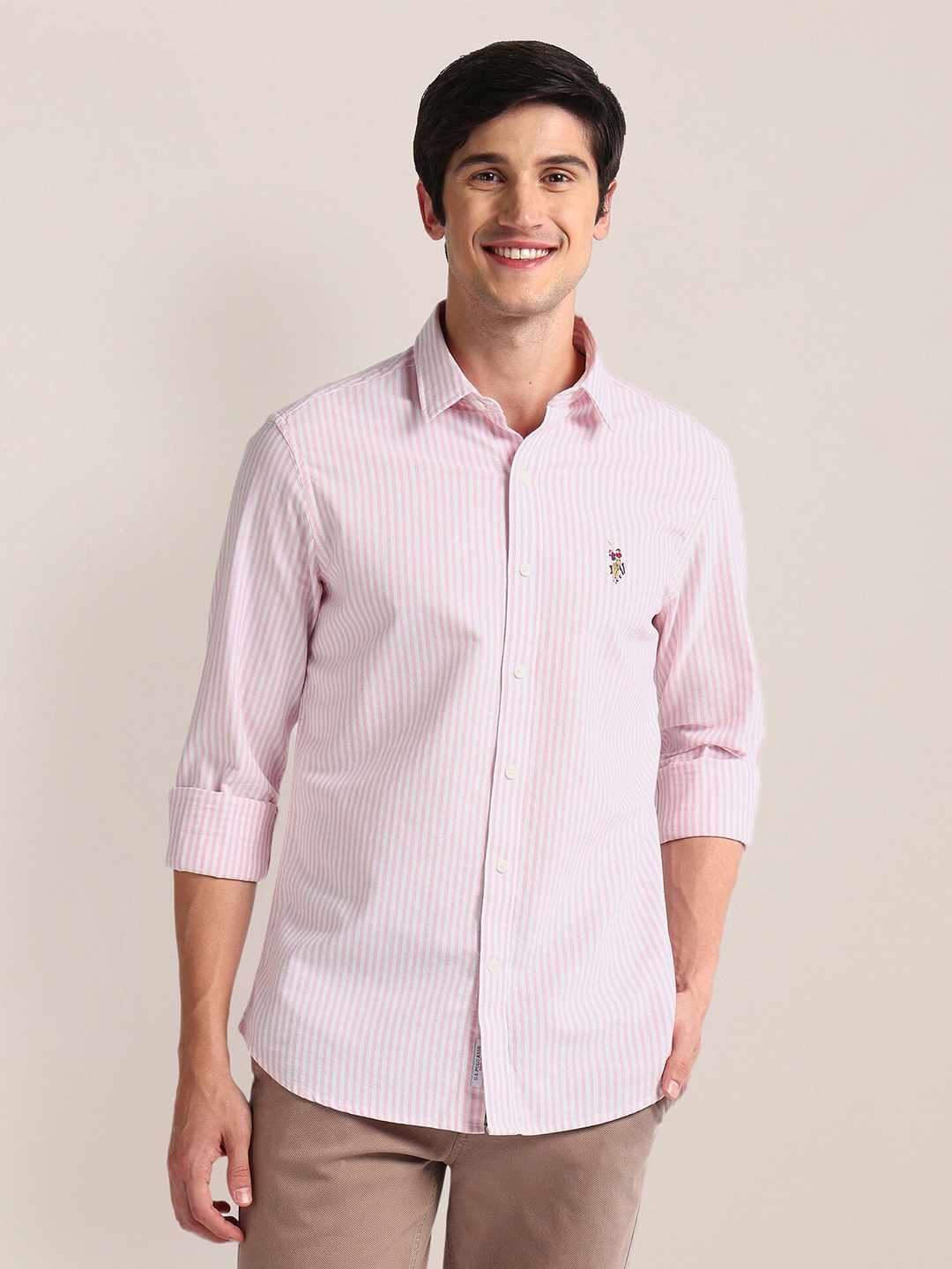 

U.S. Polo Assn. Vertical Stripe Spread Collar Pure Cotton Tailored Fit Casual Shirt, Pink
