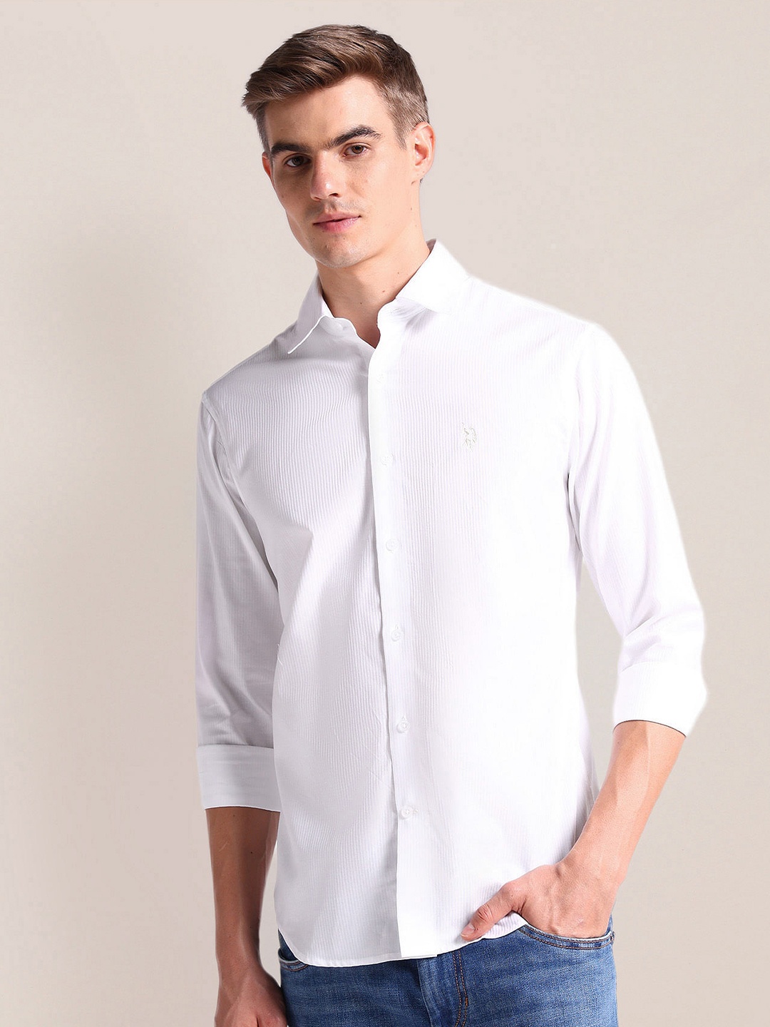 

U.S. Polo Assn. Vertical Stripe Spread Collar Casual Shirt, White