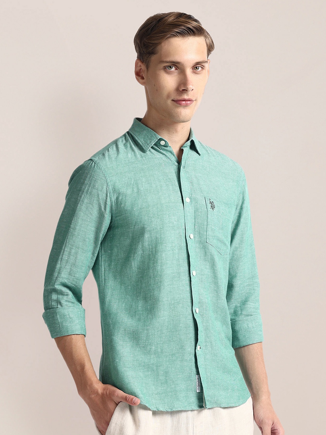 

U.S. Polo Assn. Spread Collar Long Sleeves Linen Casual Shirt, Green