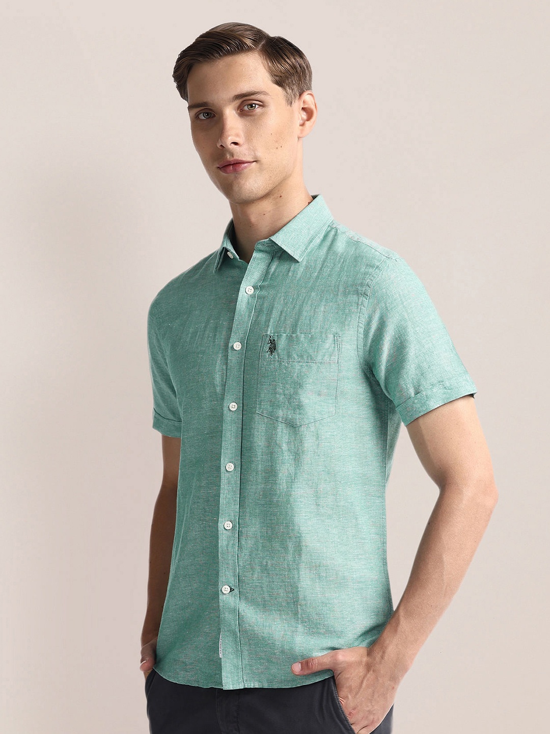 

U.S. Polo Assn. Regular Fit Short Sleeves Spread Collar Linen Opaque Casual Shirt, Green