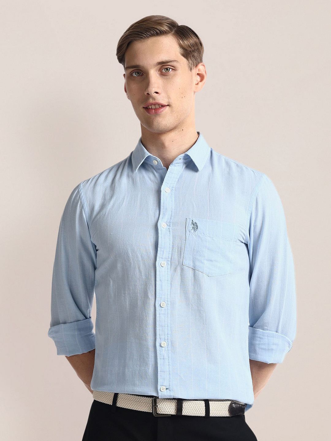 

U.S. Polo Assn. Regular Fit Long Sleeves Spread Collar Linen Opaque Casual Shirt, Blue