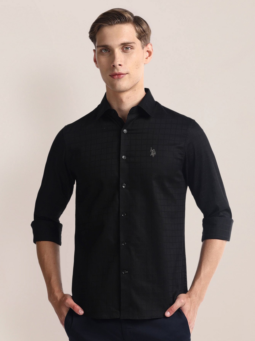 

U.S. Polo Assn. Checked Spread Collar Long Sleeves Cotton Casual Shirt, Black