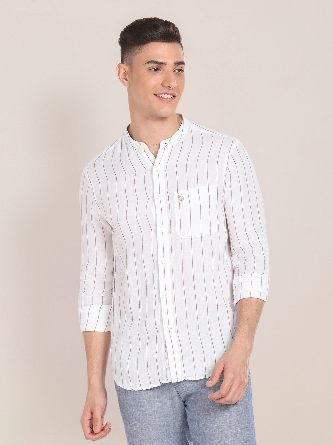 

U.S. Polo Assn. Regular Fit Long Sleeves Mandarin Collar Linen Opaque Striped Casual Shirt, White