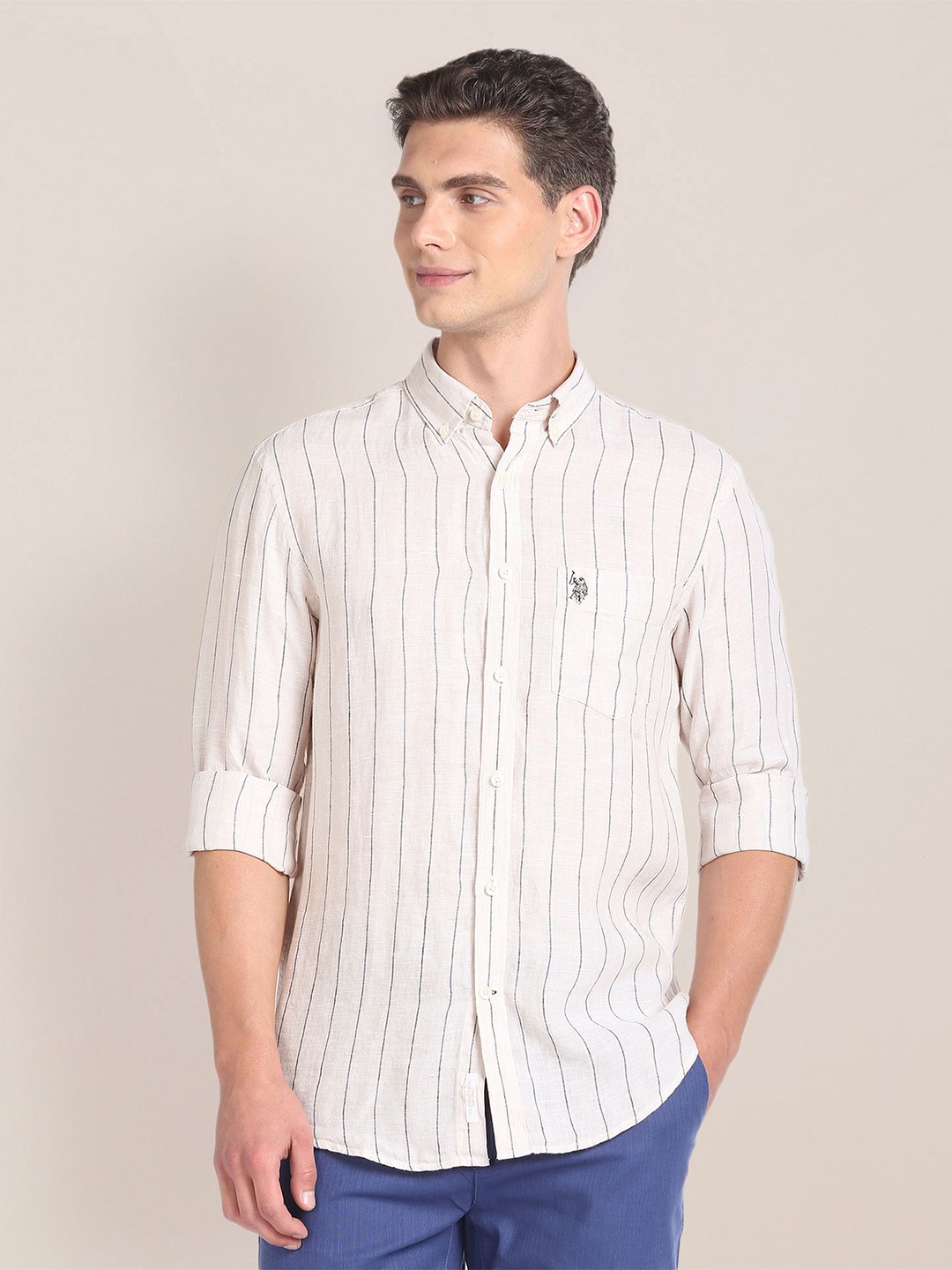 

U.S. Polo Assn. Vertical Stripe Button-Down Collar Linen Casual Shirt, Beige
