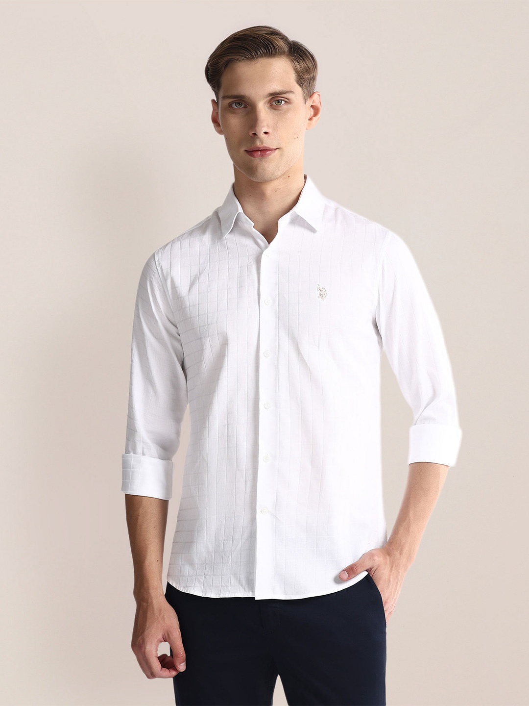 

U.S. Polo Assn. Checked Spread Collar Cotton Casual Shirt, White