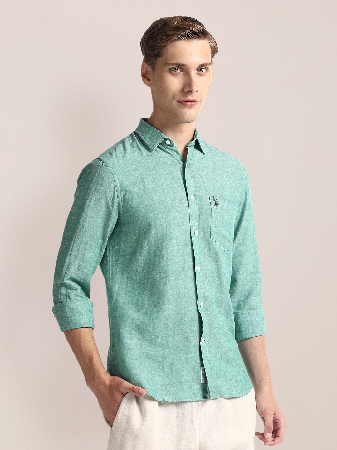 

U.S. Polo Assn. Regular Fit Long Sleeves Spread Collar Linen Opaque Casual Shirt, Green