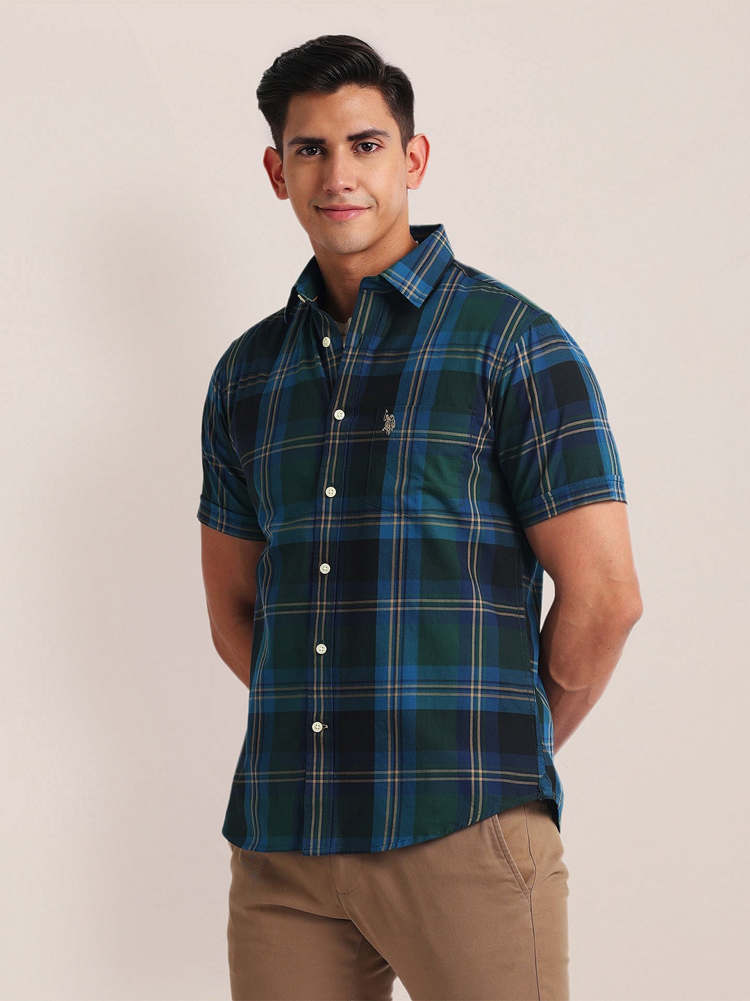 

U.S. Polo Assn. Tartan Checked Spread Collar Twill Weave Casual Shirt, Green