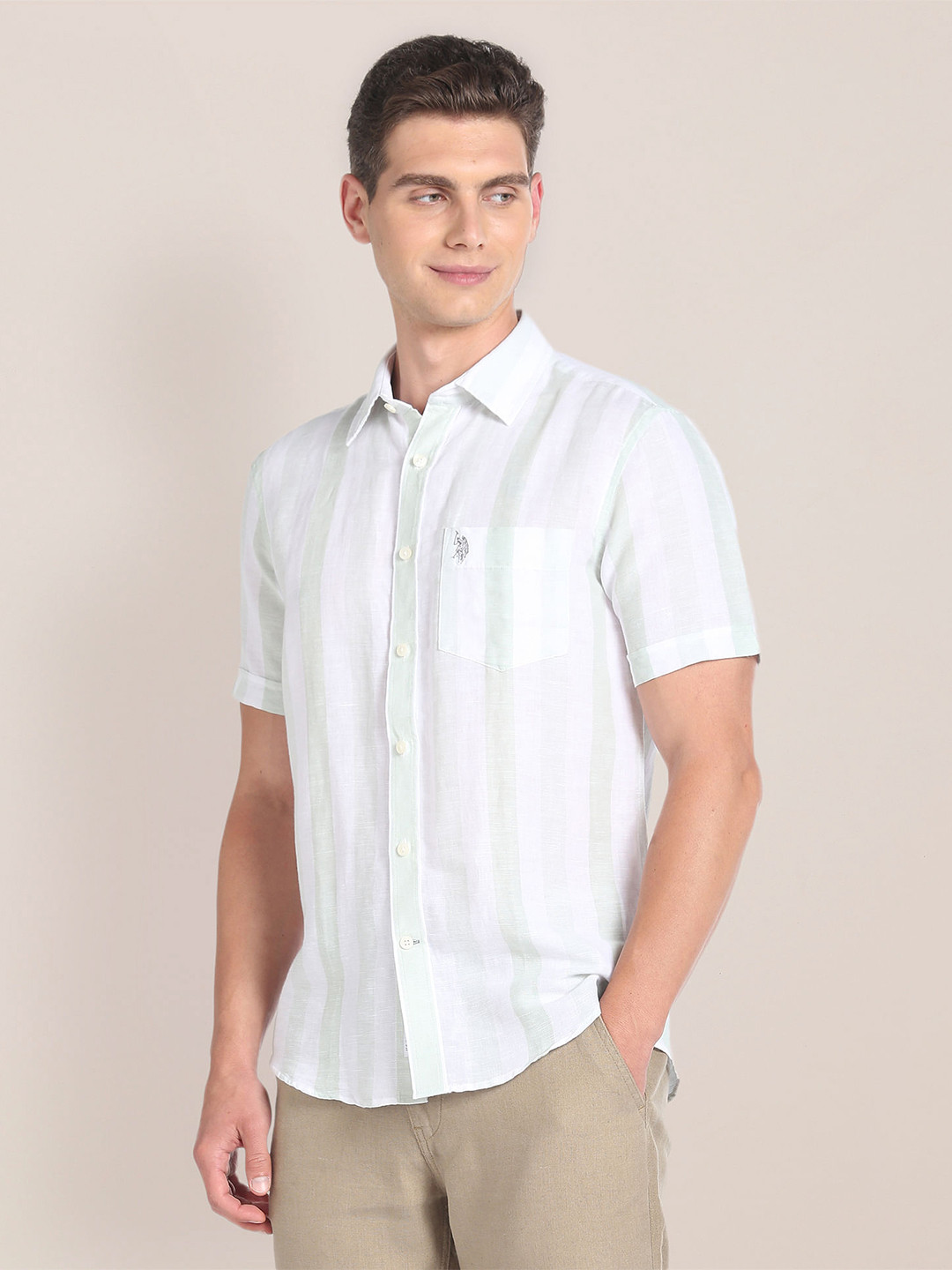 

U.S. Polo Assn. Striped Spread Collar Short Sleeves Linen Casual Shirt, Green