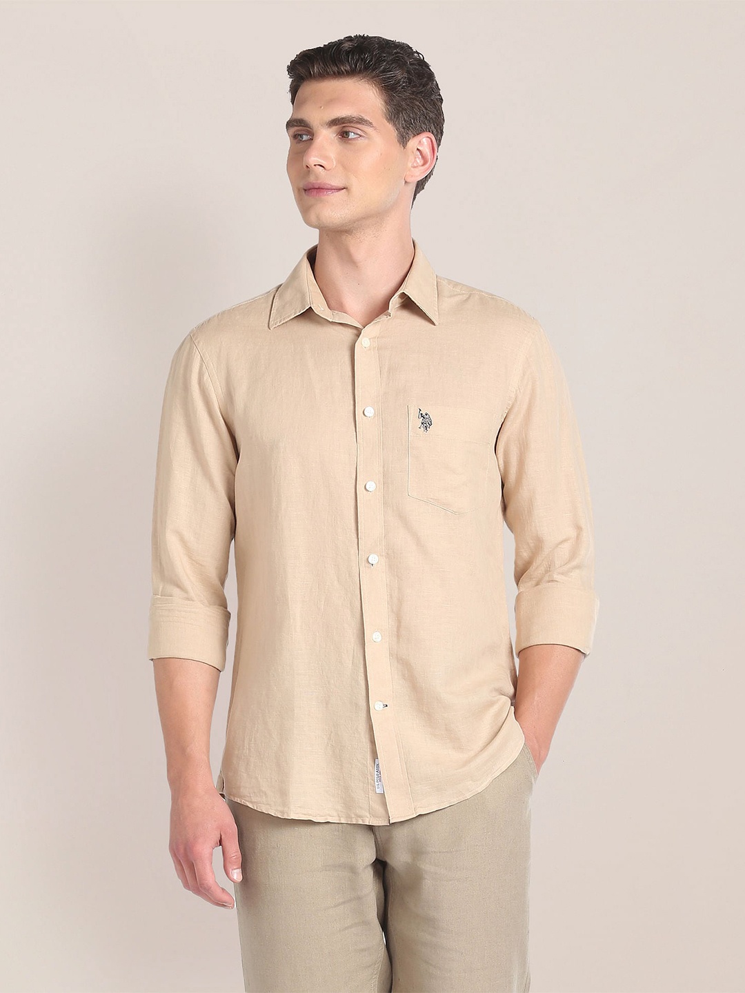 

U.S. Polo Assn. Regular Fit Long Sleeves Spread Collar Linen Opaque Casual Shirt, Beige