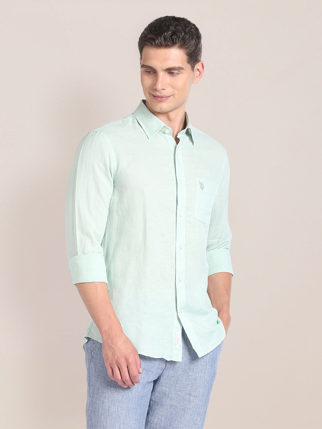 

U.S. Polo Assn. Regular Fit Long Sleeves Spread Collar Linen Opaque Casual Shirt, Green