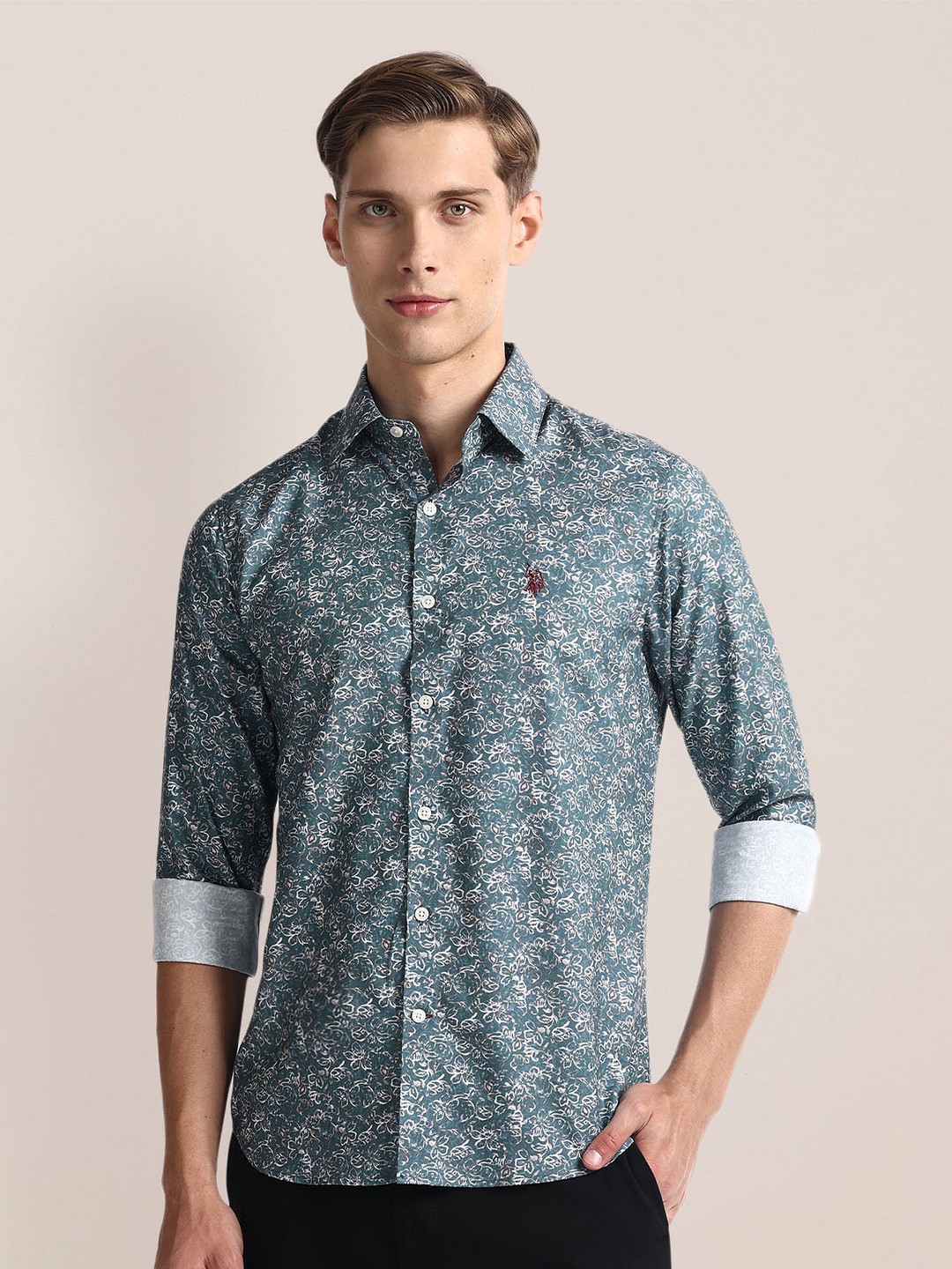 

U.S. Polo Assn. Floral Printed Spread Collar Long Sleeves Casual Shirt, Green