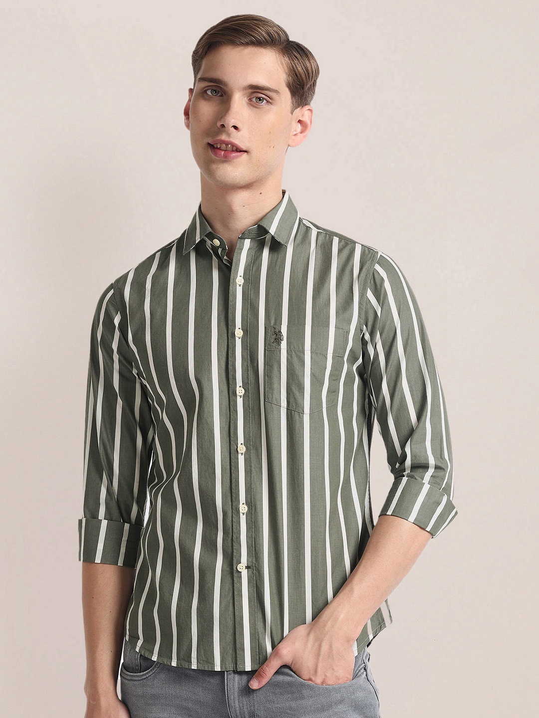 

U.S. Polo Assn. Regular Fit Long Sleeves Spread Collar Cotton Opaque Striped Casual Shirt, Green