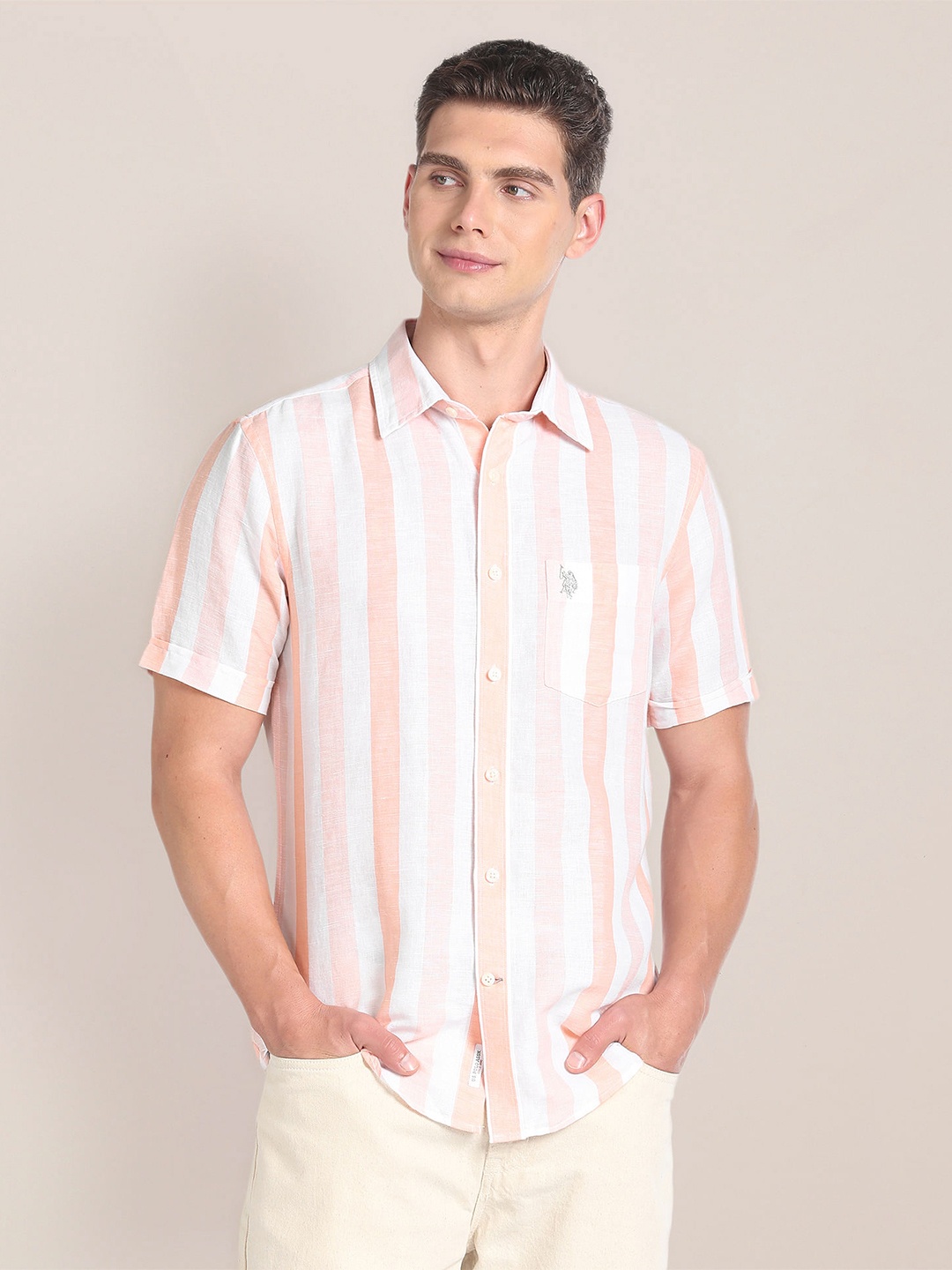 

U.S. Polo Assn. Vertical Stripe Spread Collar Linen Blend Casual Shirt, Orange