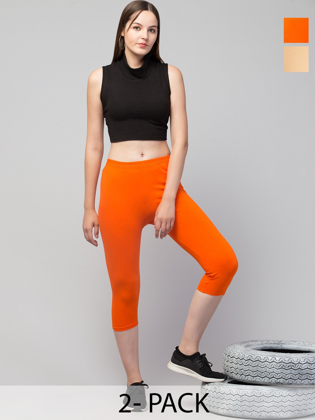 

A-Okay Women Pack Of 2 Mid-Rise Skinny Fit Capris, Orange