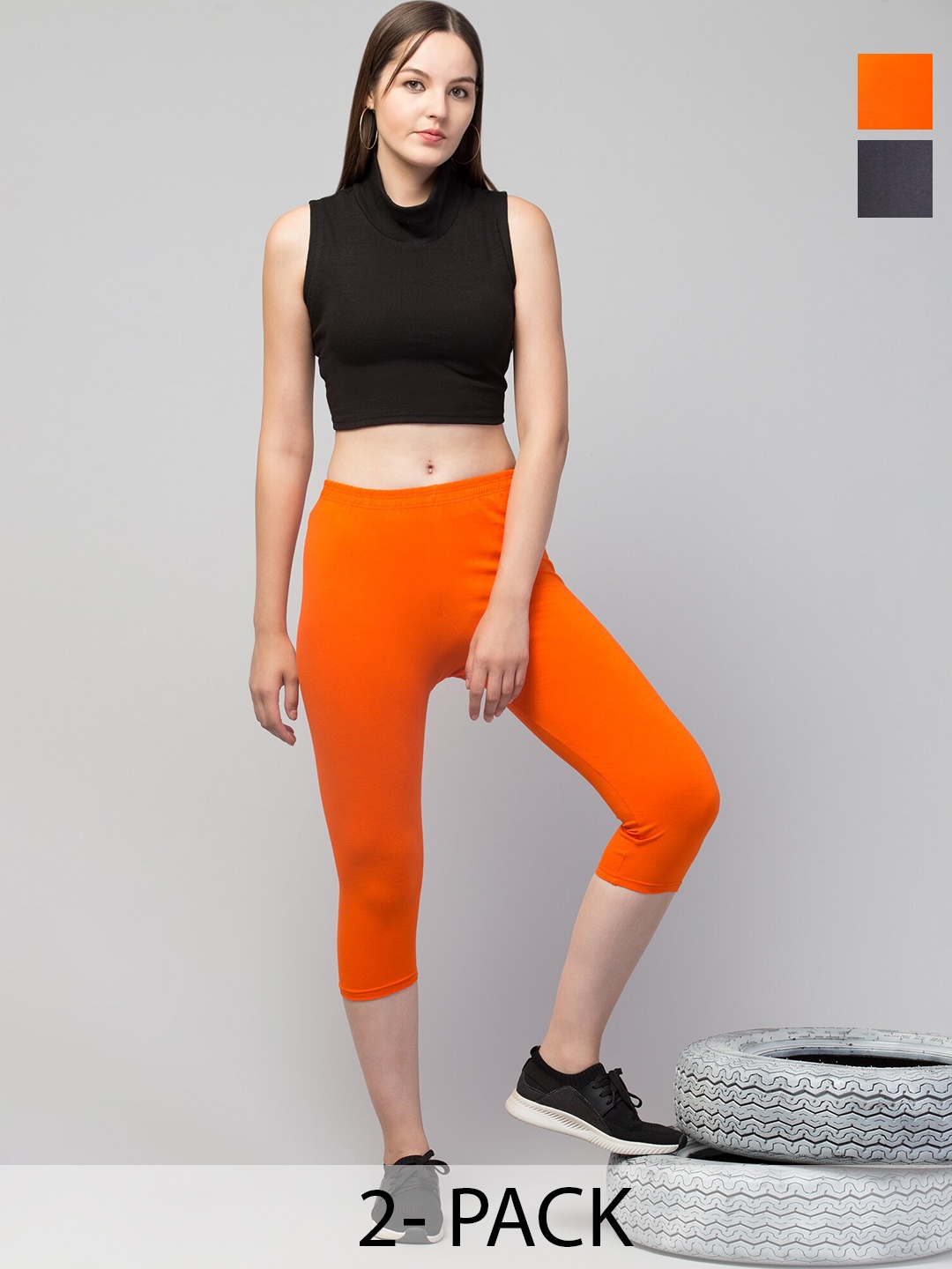 

A-Okay Women Pack Of 2 Mid-Rise Skinny Fit Capris, Orange