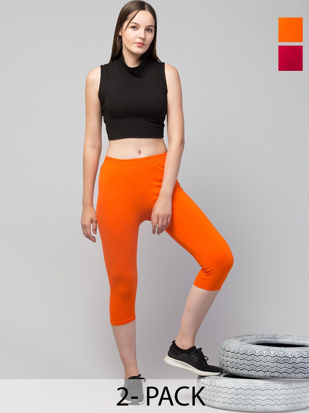 

A-Okay Pack Of 2 Mid Rise Skinny Fit Capris, Orange