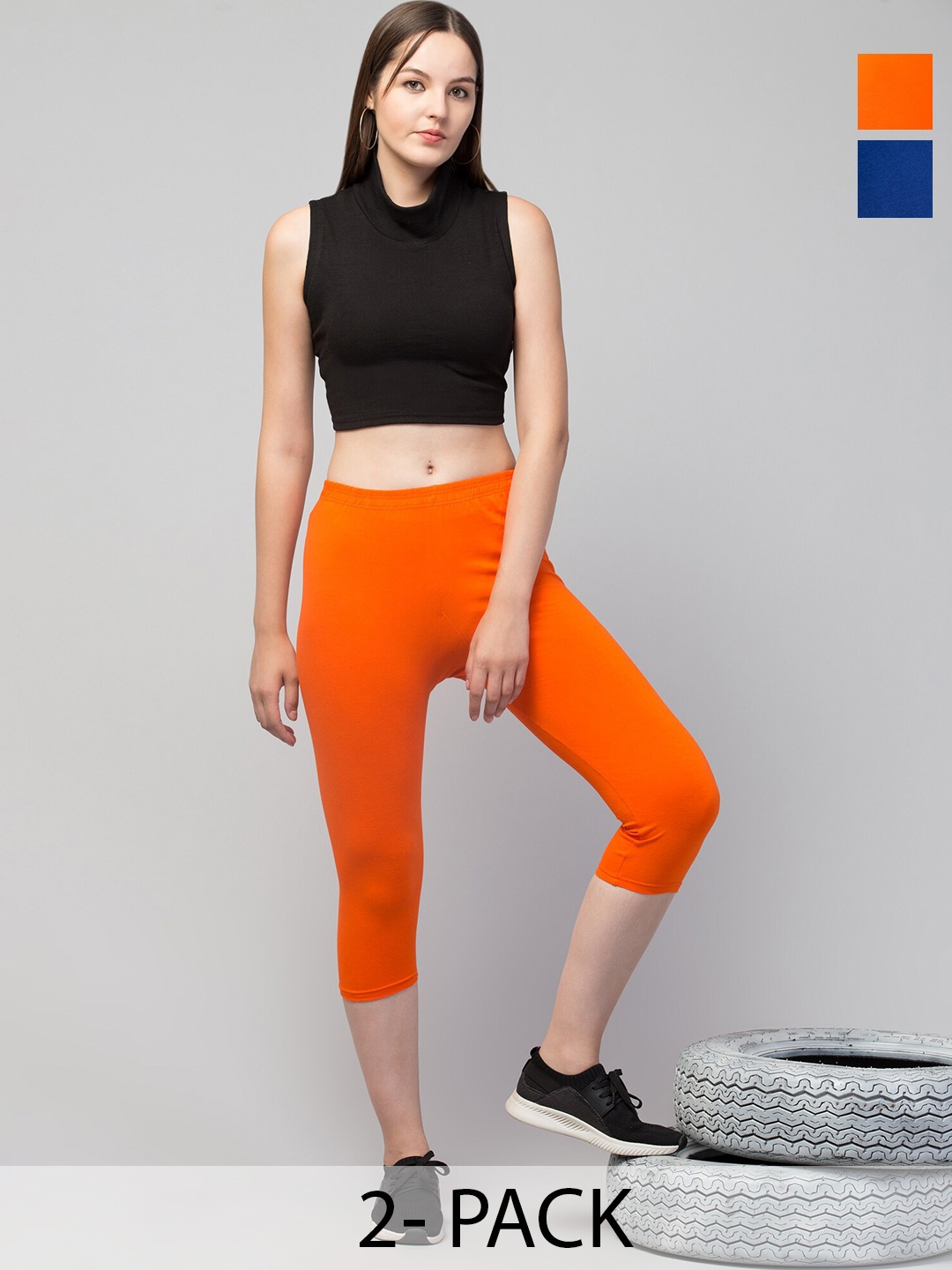 

A-Okay Women Pack Of 2 Skinny Fit Capris, Orange
