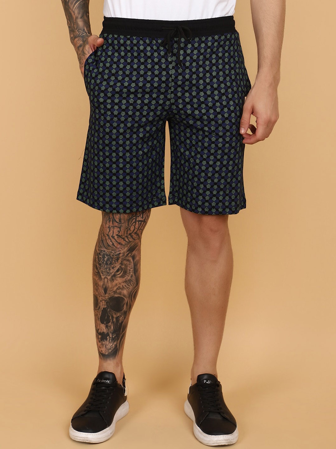 

V-Mart Men Geometric Printed Cotton Shorts, Black