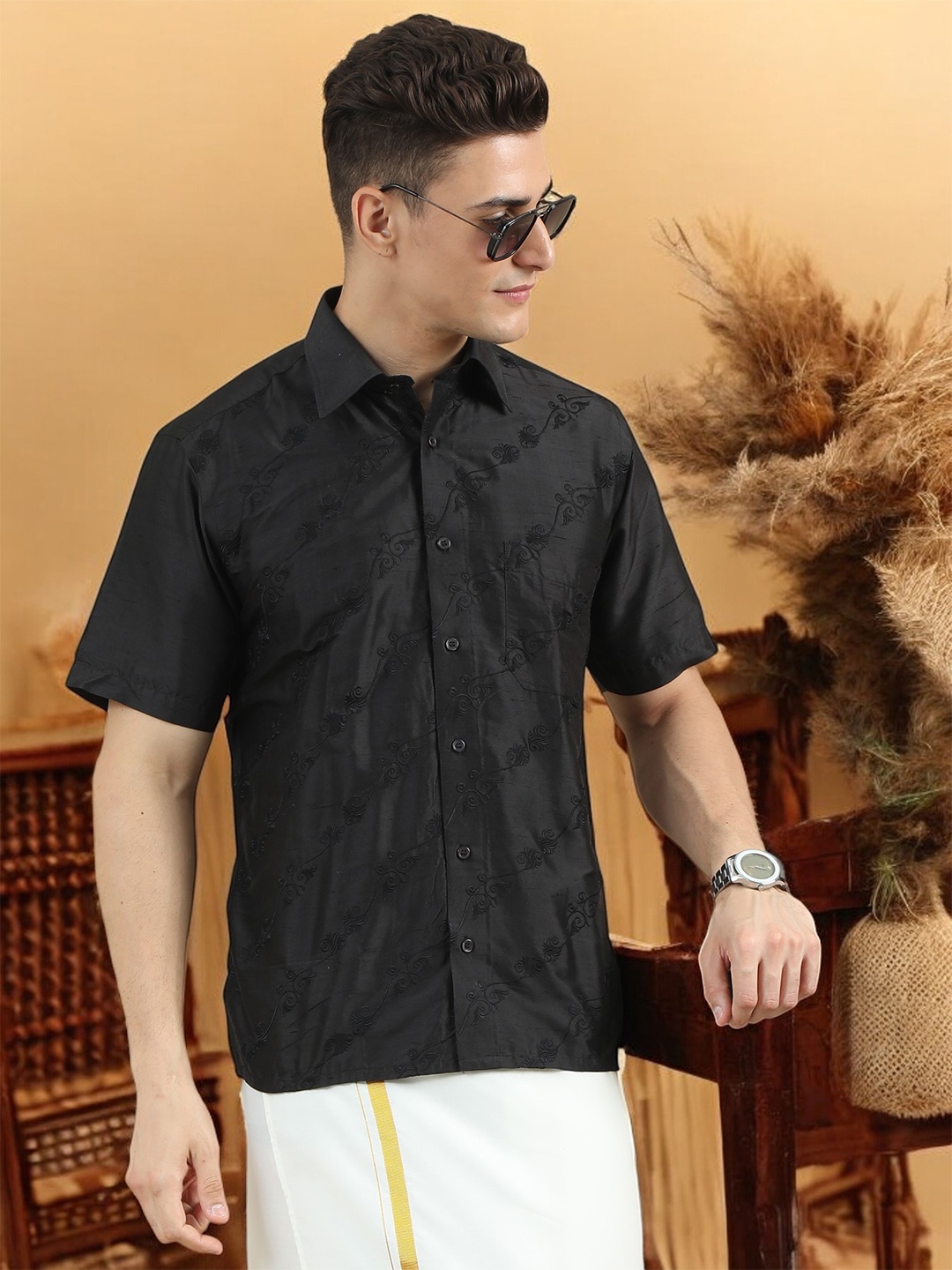 

TATTVA Classic Spread Collar Printed Casual Shirt, Black