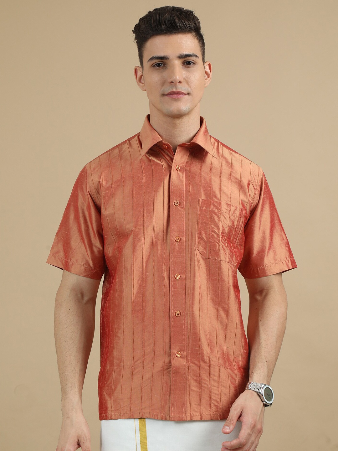 

TATTVA Classic Spread Collar Short Sleeves Casual Shirt, Pink