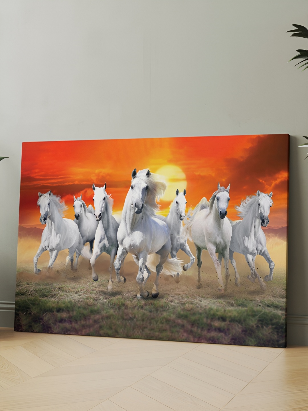 

CLAWCRAFTS Orange Wooden 7 Running Horse Painting Wall Art