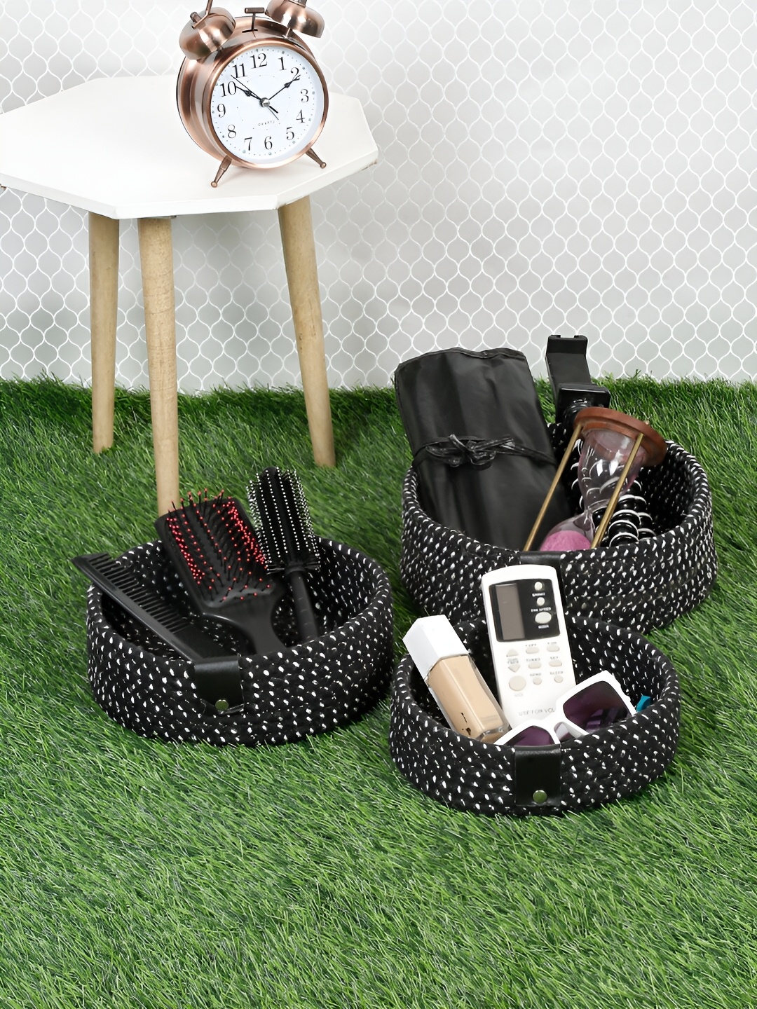 

HOSTA HOMES Black 3 Pieces Self Design Cotton Multi-Utility Organisers