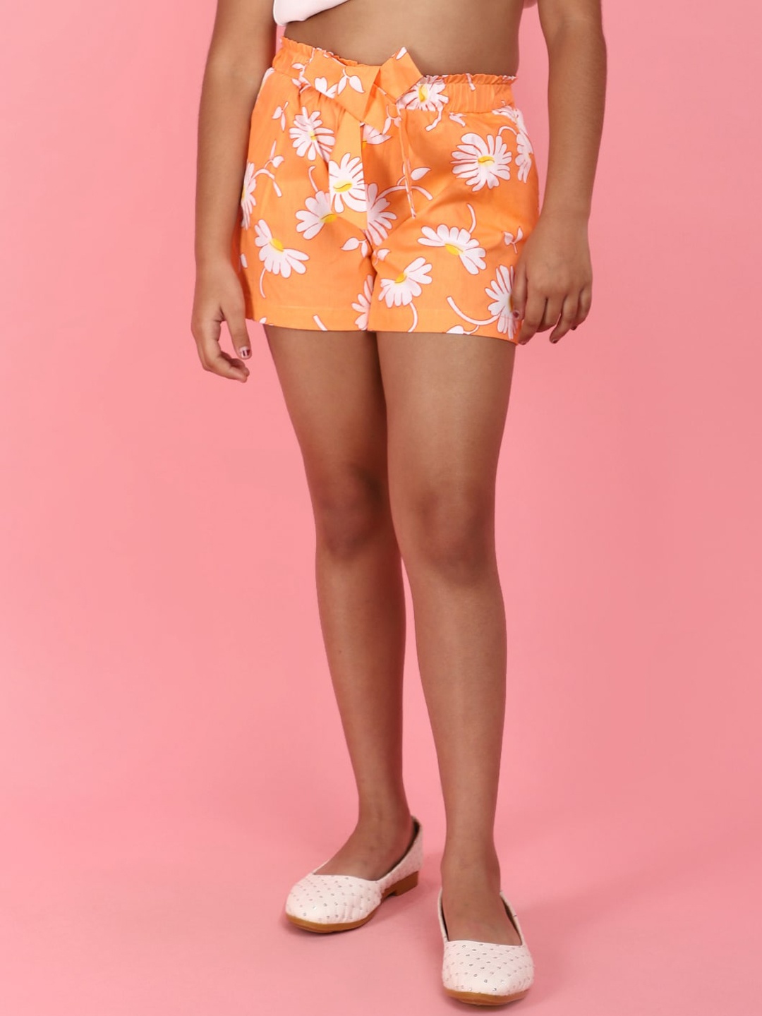 

V-Mart Girls Floral Printed Cotton Shorts, Orange