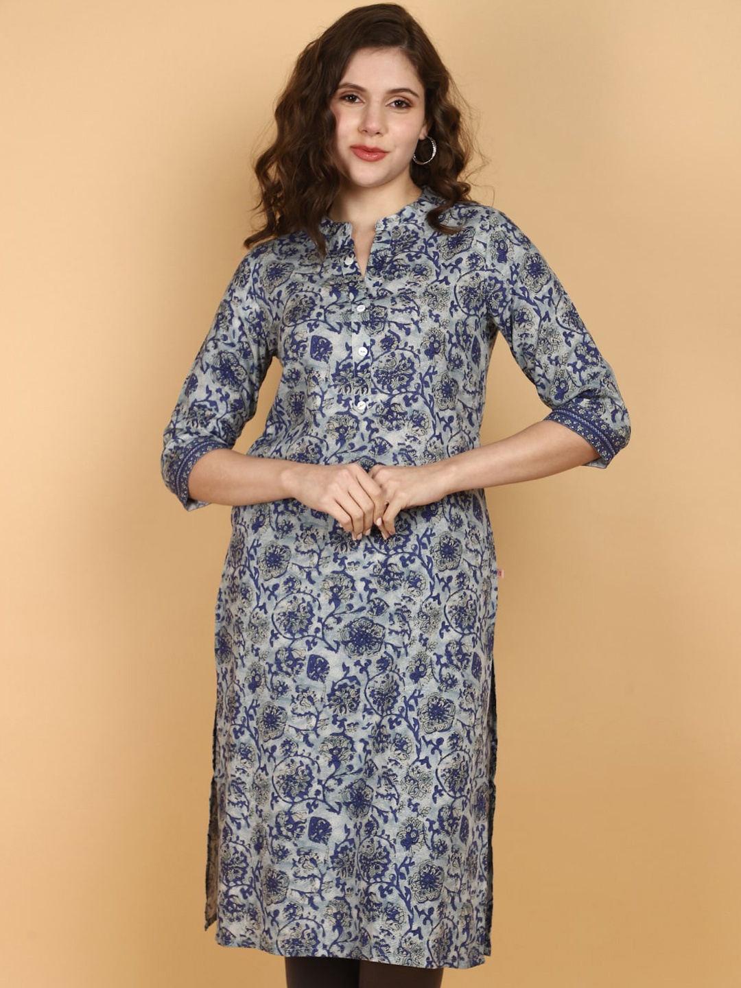 

V-Mart Floral Printed Mandarin Collar Straight Kurta, Blue