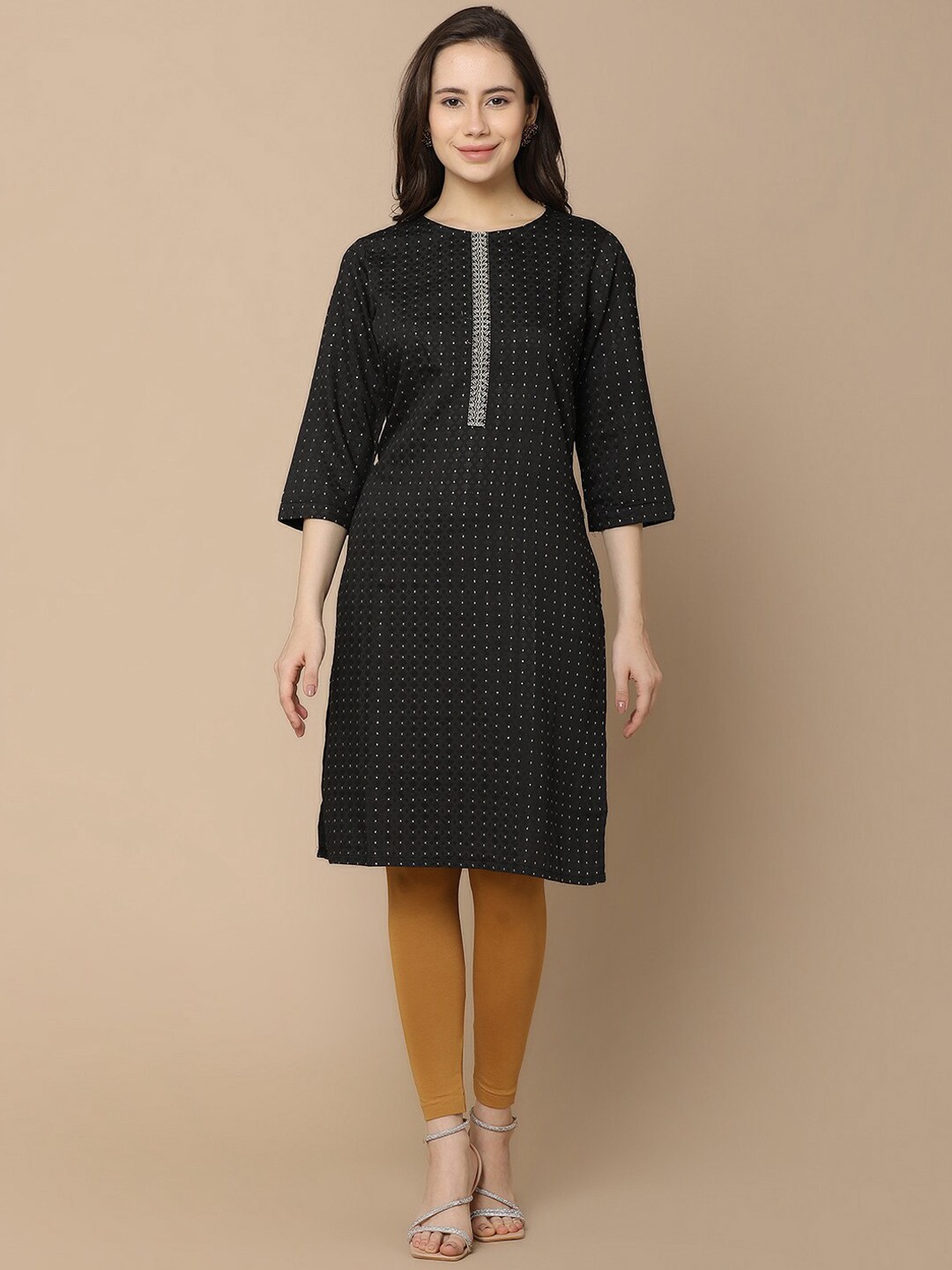 

V-Mart Abstract Woven Design Thread Work Cotton Straight Kurta, Black