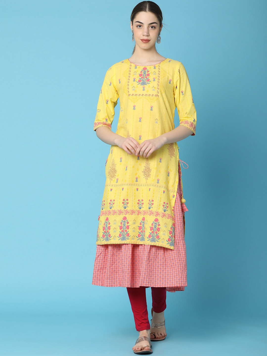 V-Mart Ethnic Motifs Printed Round Neck Cotton A-Line Kurta, Yellow