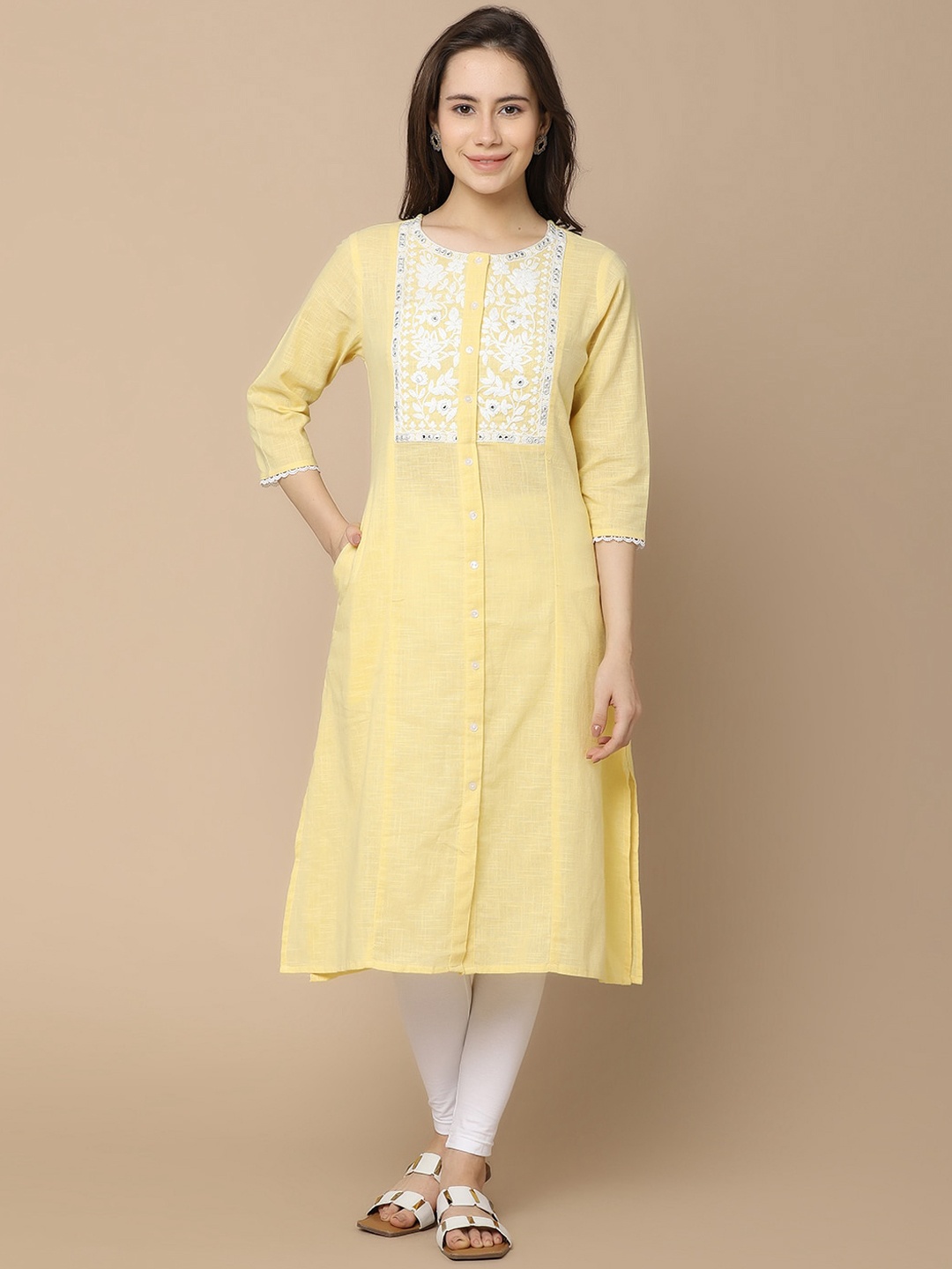 

V-Mart Floral Yoke Design Thread & Mirror Work Cotton Straight Kurta, Yellow