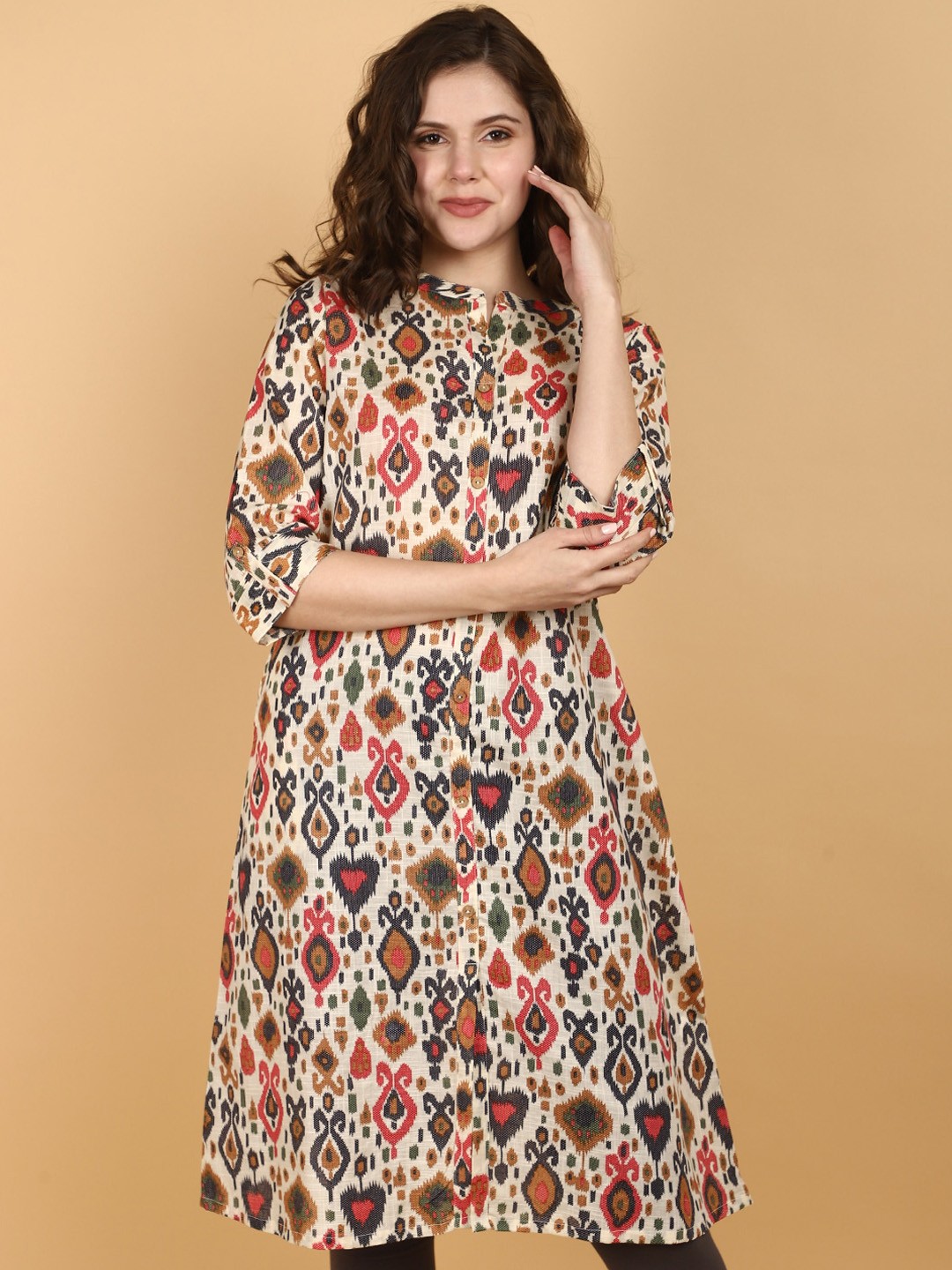 

V-Mart Ethnic Motifs Printed Band Collar A-Line Kurta, Beige