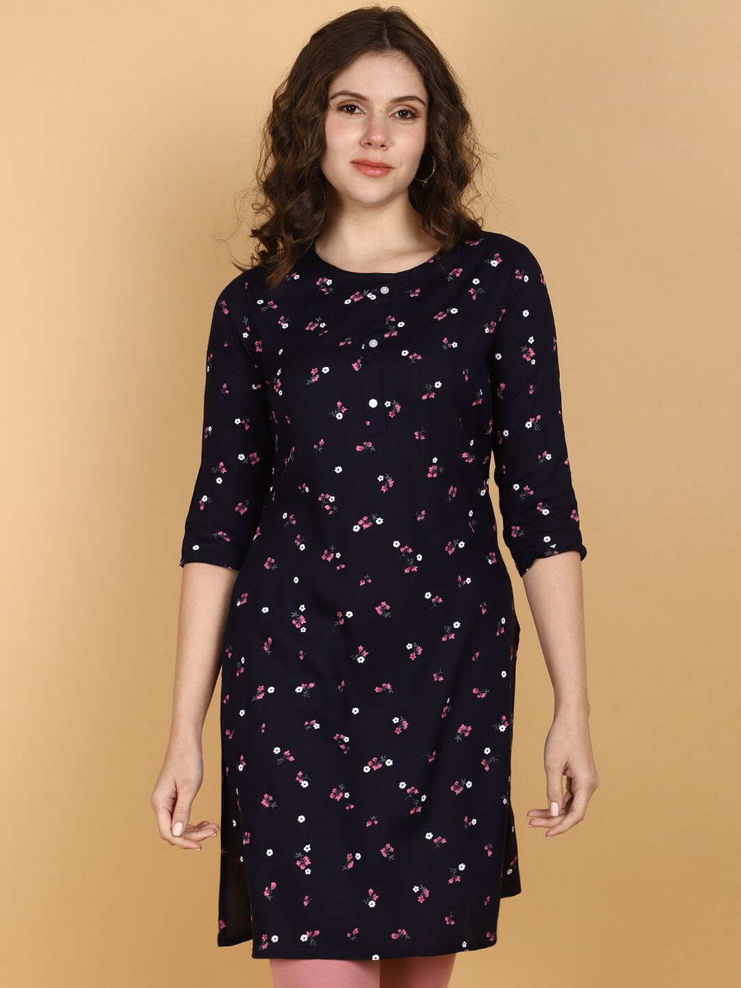 

V-Mart Floral Printed Round Neck Straight Kurta, Navy blue