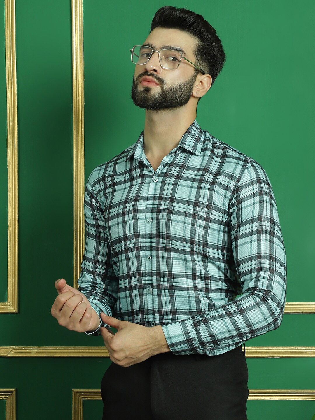 

Indian Needle Spread Collar Long Sleeves Classic Regular Fit Cotton Checked Formal Shirt, Green
