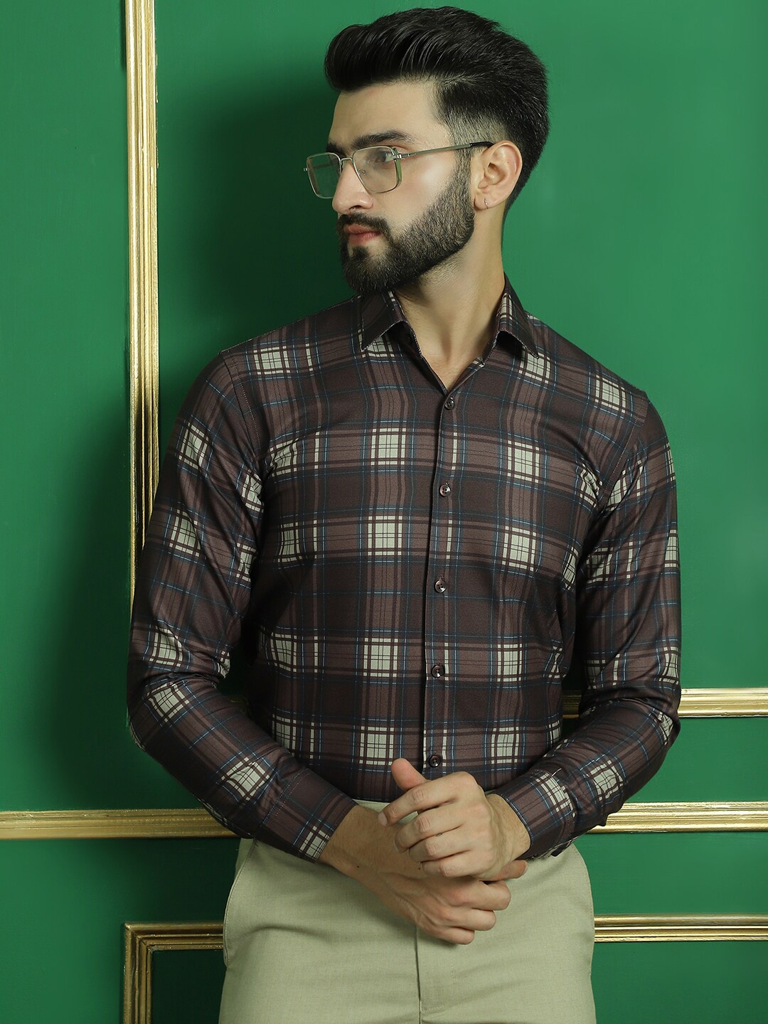 

Indian Needle Classic Tartan Checks Opaque Cotton Formal Shirt, Coffee brown