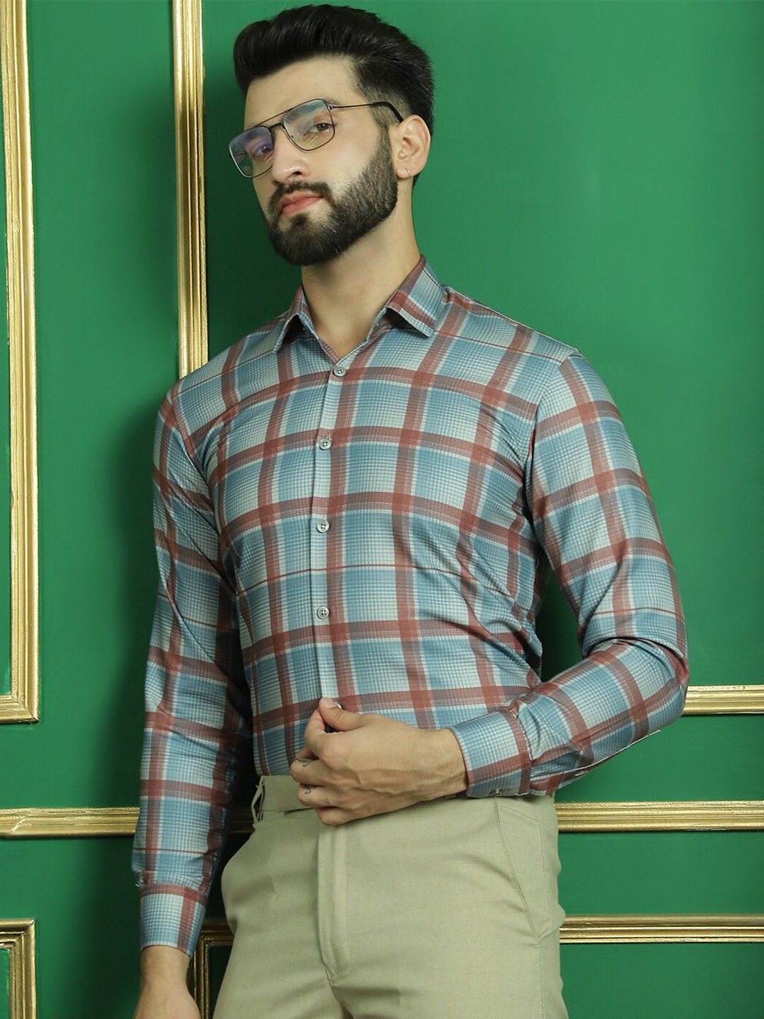 

Indian Needle Spread Collar Long Sleeves Classic Regular Fit Checked Cotton Formal Shirt, Grey