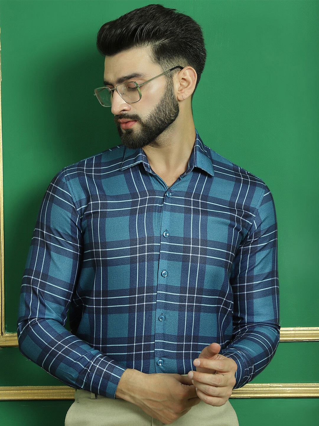 

Indian Needle Classic Spread Collar Tartan Checks Opaque Cotton Formal Shirt, Blue