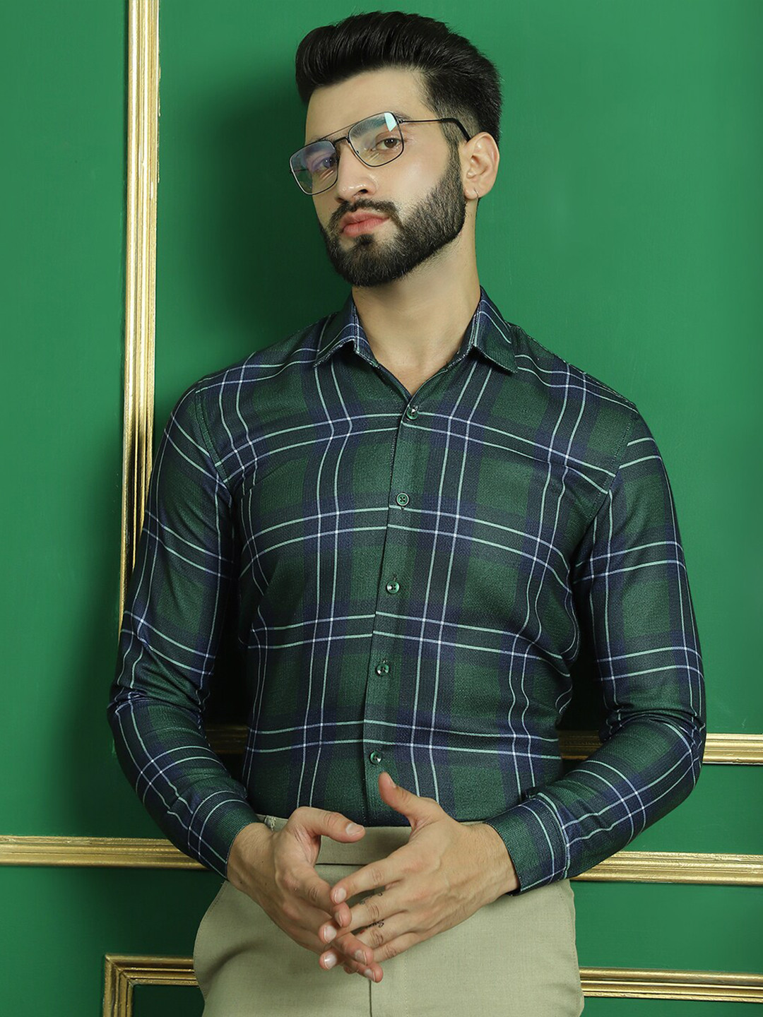 

Indian Needle Classic Tartan Checks Opaque Cotton Formal Shirt, Olive