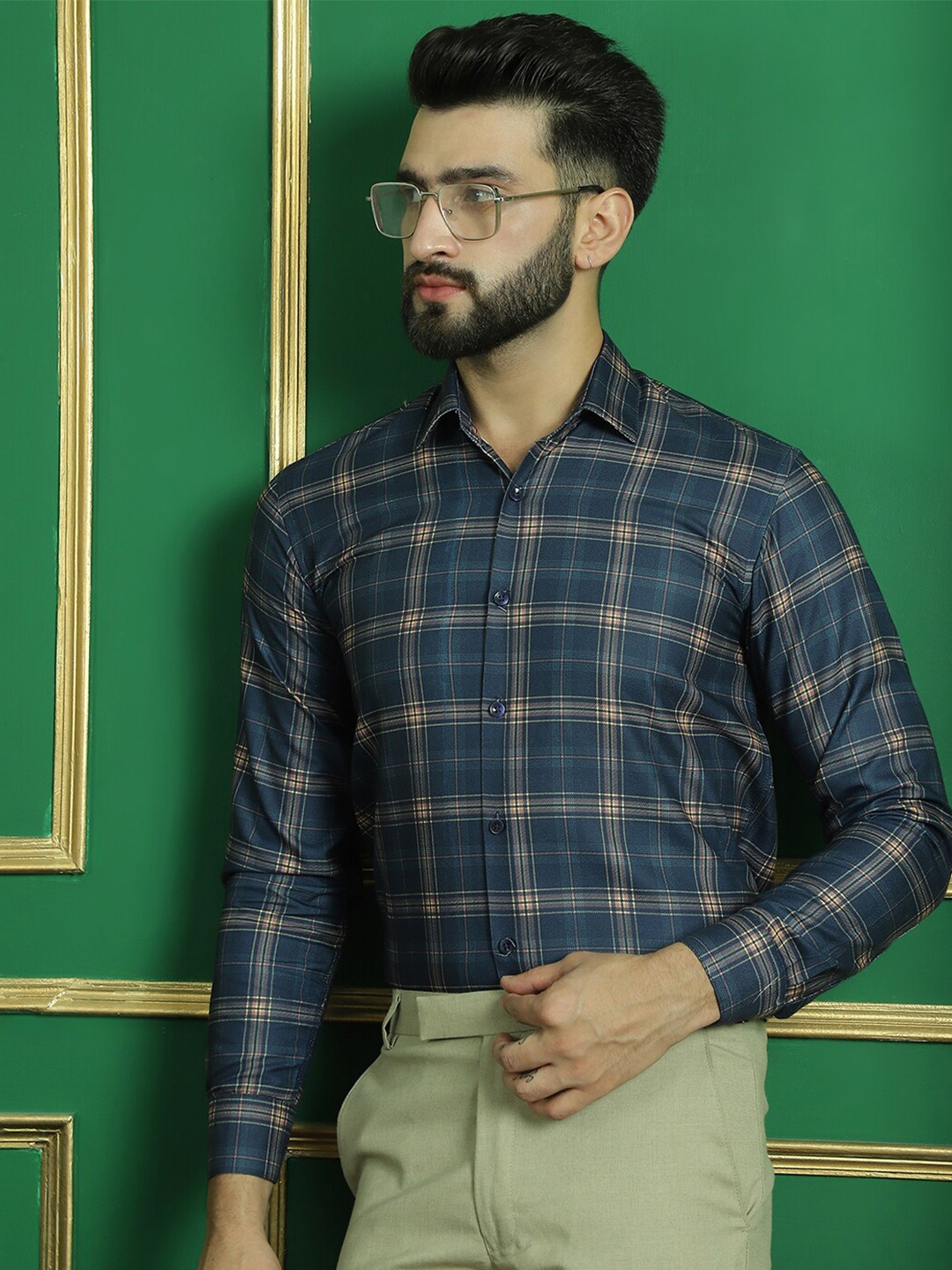 

Indian Needle Classic Tartan Checks Opaque Cotton Formal Shirt, Navy blue