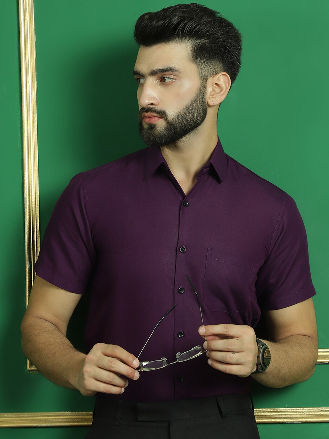 

Indian Needle Spread Collar Short Sleeves Classic Regular Fit Cotton Formal Shirt, Purple
