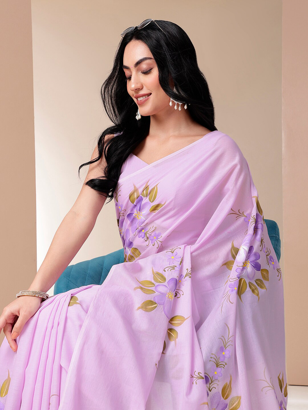 

DiraByDimple Floral Handpainted Pure Cotton Sarees, Lavender