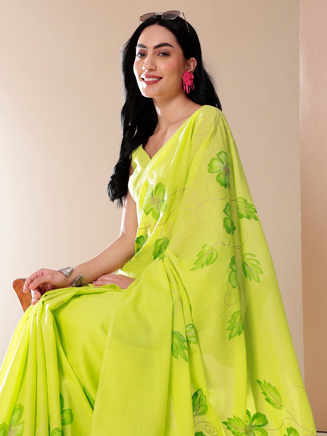 

DiraByDimple Floral Printed Sarees, Lime green