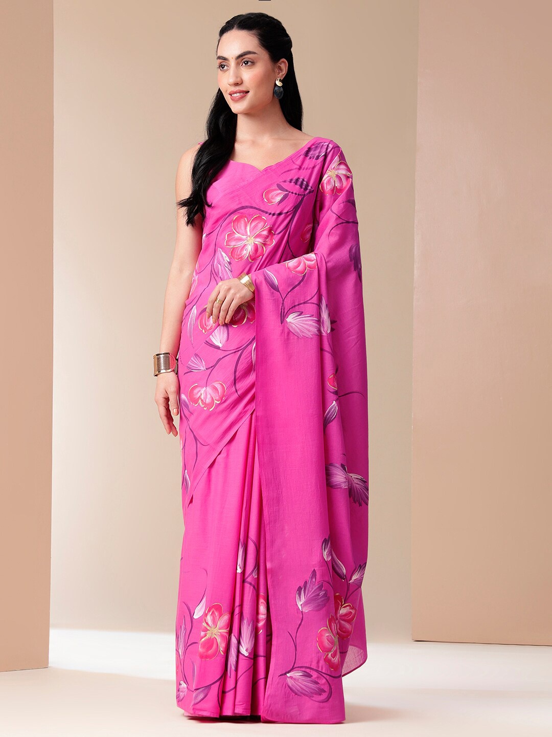 

DiraByDimple Handpainted Floral Sarees, Pink