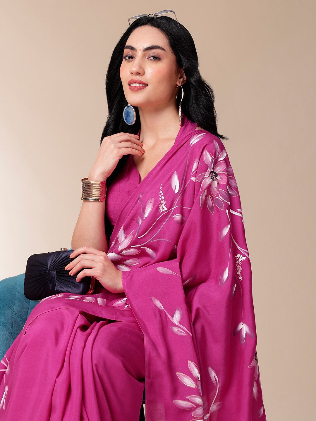 

DiraByDimple Floral Handpainted Sarees, Pink