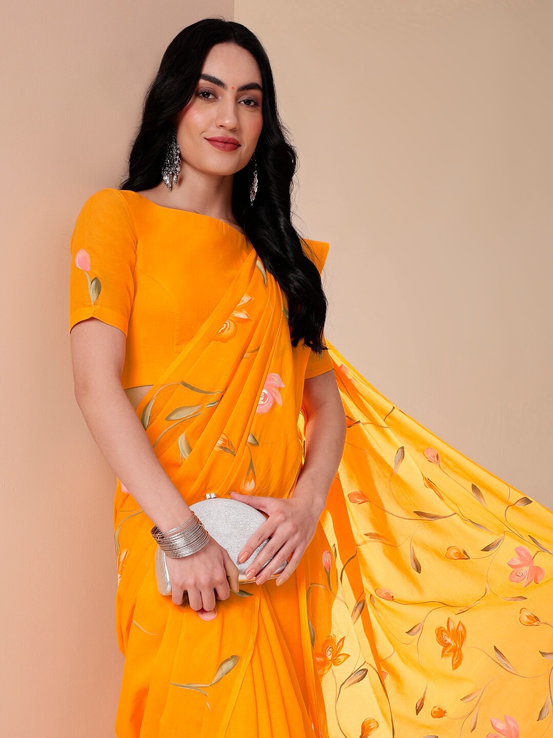 

DiraByDimple Floral Pure Cotton Saree, Orange